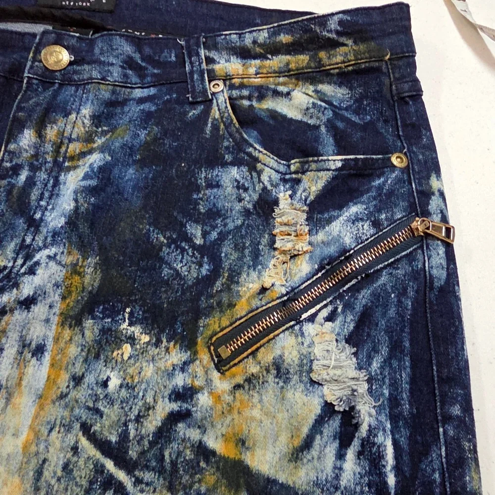 Krome New York Mens 42x32 Moto Biker Jean Acid Wash Distressed Blue Yellow Splat